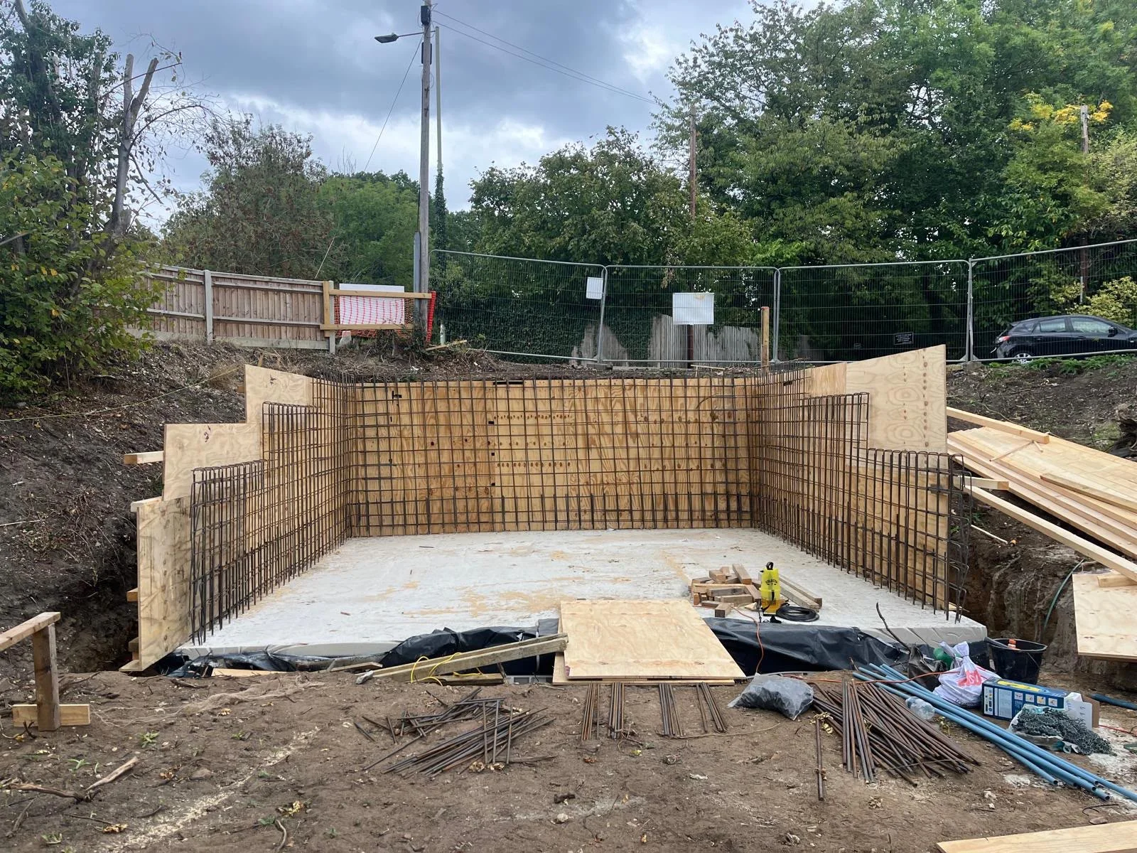 Steel reinforcement and timber formwork for the basement walls